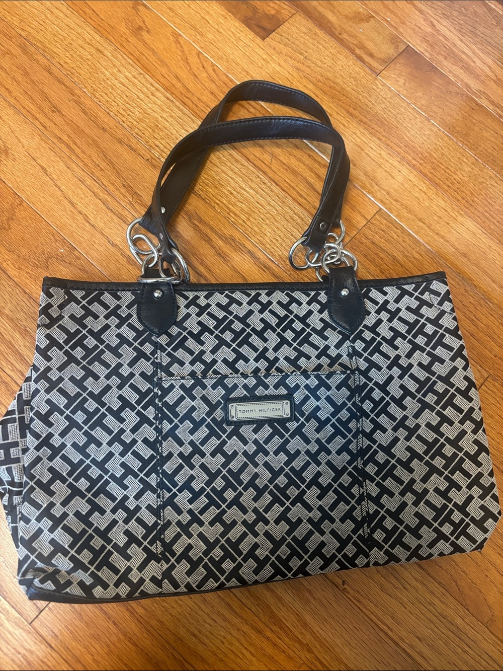 Tommy Hilfiger Black and White Geometric Logo Tote